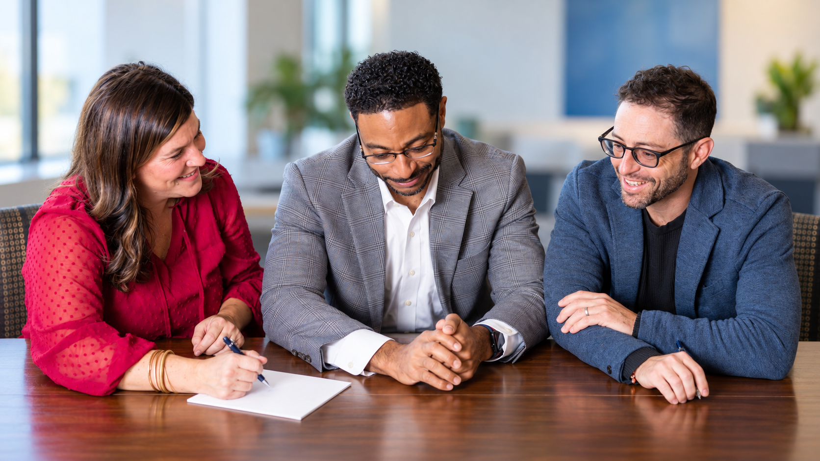 Three colleagues collaborating at a table